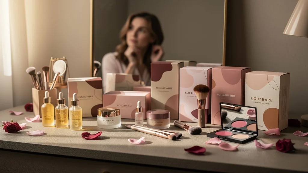 Vanity table élégante avec box beauté par abonnement et produits cosmétiques en lumière naturelle