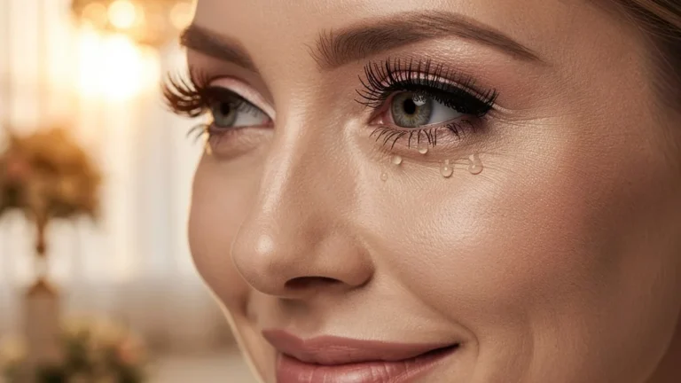 Mascara spécial larmes intact après un mariage entier sur les cils d'une femme de 39 ans