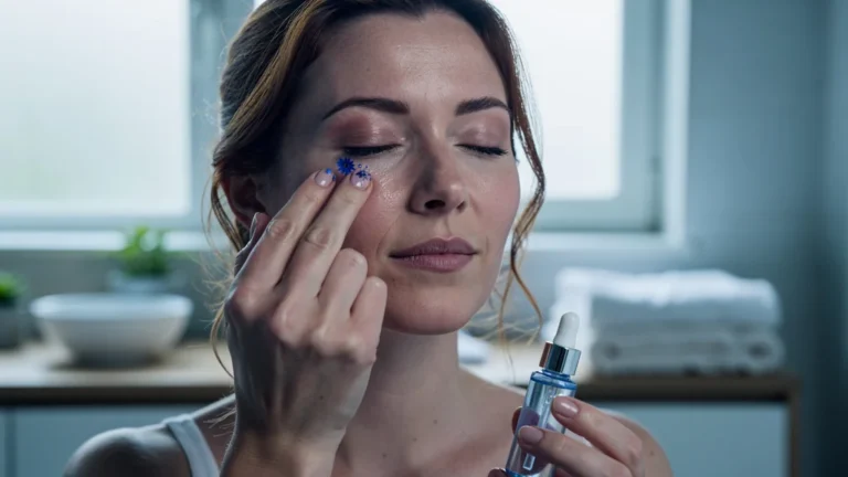 Femme appliquant un sérum bleuet pour calmer ses yeux fatigués après une soirée, visage apaisé et lumière douce