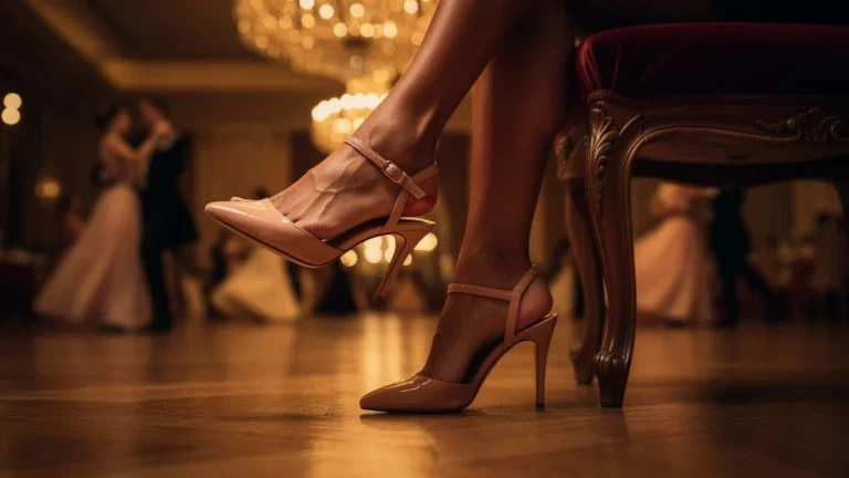 Femme de 39 ans avec talons neufs causant ampoules, ambiance élégante et lumière chaude en salle de danse