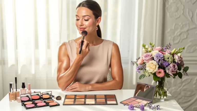 Femme composant son teint comme un bouquet, maquillage lumineux et naturel transformé