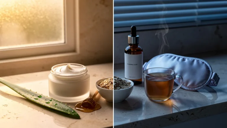 Scène réaliste matin et soir de soins pour peau sèche avec crème et sérum en lumière naturelle