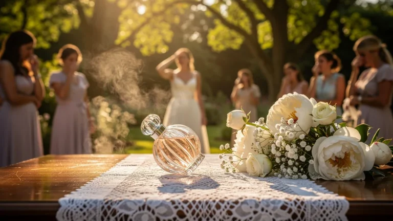 Bouteille de parfum lourd posée dans un jardin d’été, ambiance cérémoniale gâchée par la chaleur