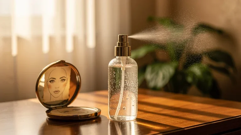 Flacon de brume fixatrice maison sur une coiffeuse, maquillage impeccable jusqu'au dessert