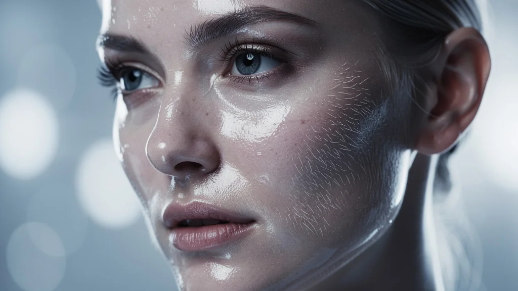 Portrait hyper-réaliste d’une femme avec la tendance peau glacée sous une lumière froide et artificielle