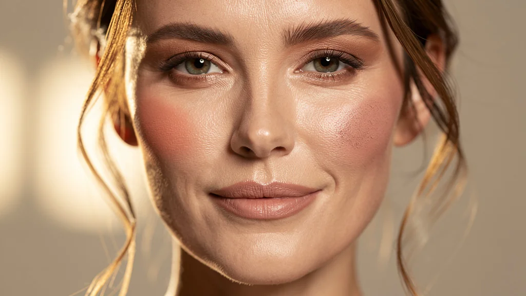 Femme 39 ans avec peau mixte portant un blush crème, tenue supérieure à la version poudre, maquillage naturel