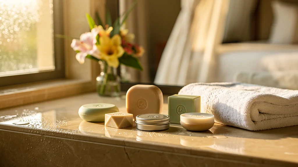Cosmétiques solides élégants en voyage de noces dans une salle de bain lumineuse et moderne