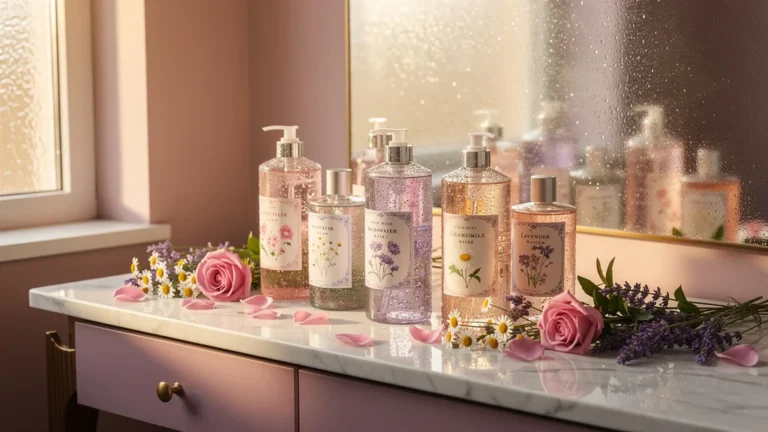 Bouteilles d'eaux florales élégantes sur un lavabo moderne, illustrant leur image renouvelée de soin beauté