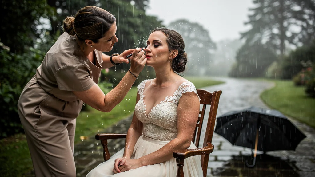 Maquillage résistant à la pluie sur une mariée élégante, une leçon d’art et de persévérance