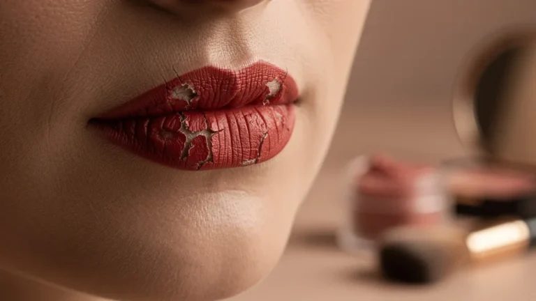 Lèvres sèches et gercées avec rouge à lèvres mat abîmé par absence d’exfoliation avant jour important
