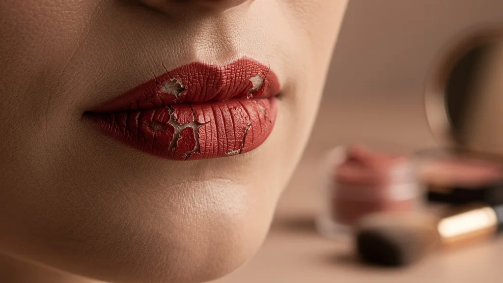 Lèvres sèches et gercées avec rouge à lèvres mat abîmé par absence d’exfoliation avant jour important