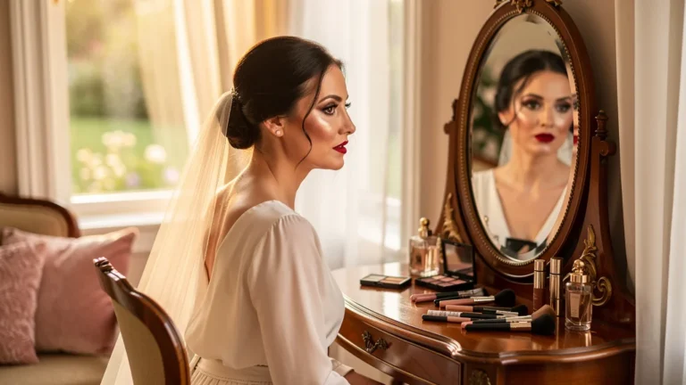 Femme 39 ans comparant maquillage nude et sophistiqué pour mariage en lumière naturelle douce