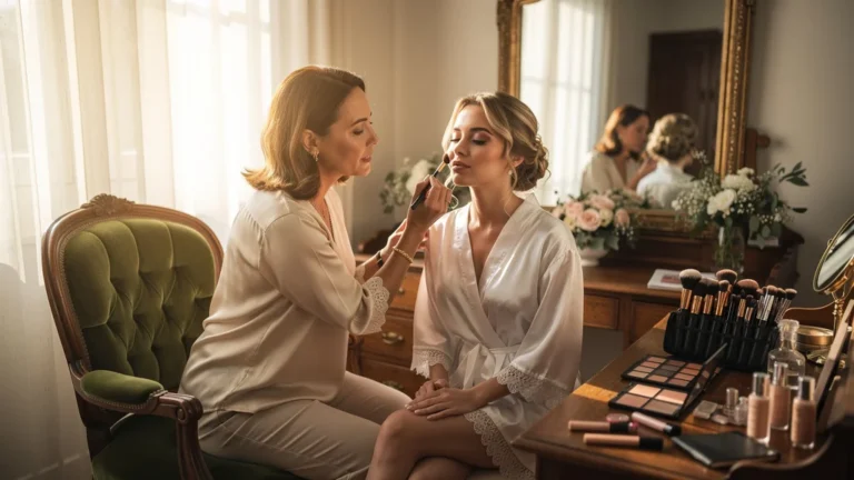 Préparer le teint d'une amie pour son mariage illustrant la patience et l'amitié en beauté