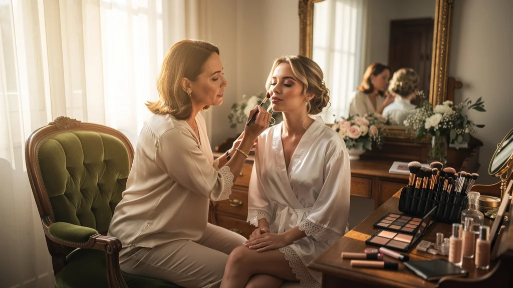 Préparer le teint d'une amie pour son mariage illustrant la patience et l'amitié en beauté