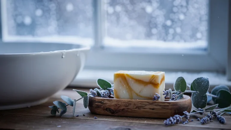 Savon saponifié à froid artisanal pour peau apaisée en hiver, ambiance naturelle et cocooning