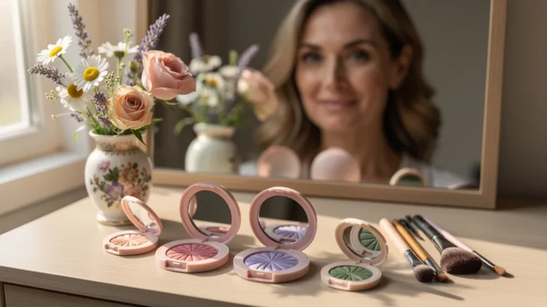 Vanity table with floral-toned makeup brightening tired eyes, ambiance fraîche et naturelle