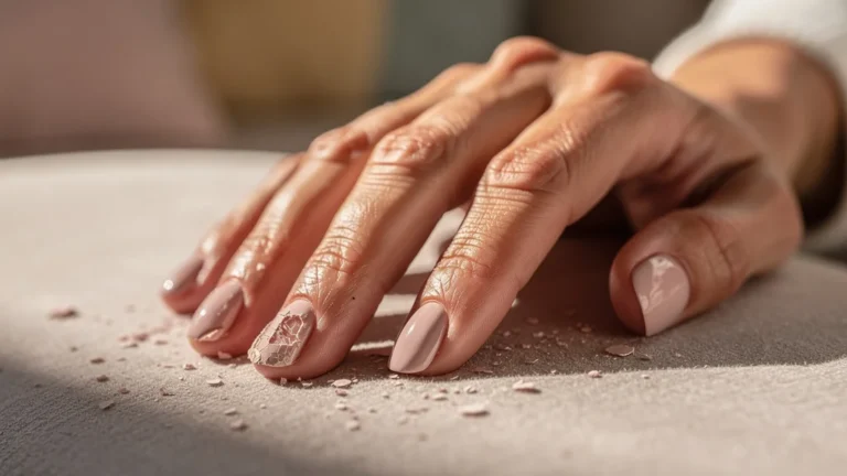 Main féminine avec vernis semi-permanent maison écaillé avant la fin de la semaine, gros plan réaliste